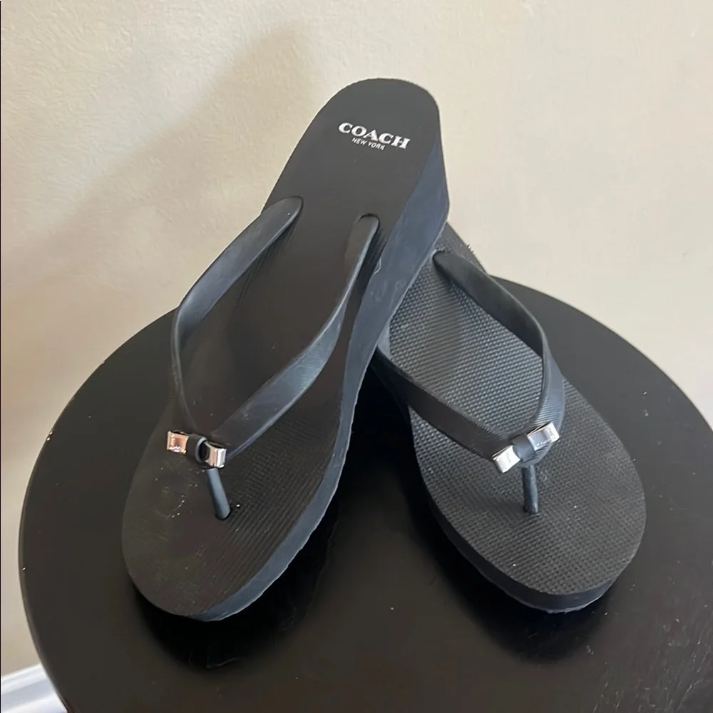 Coach Black Flip Flops with Silver Bow Accent - Picture 1 of 10